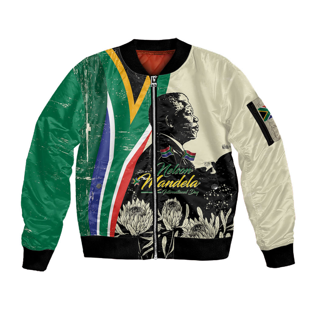 Personalized Nelson Mandela Day Sleeve Zip Bomber Jacket South Africa Vintage Stylized