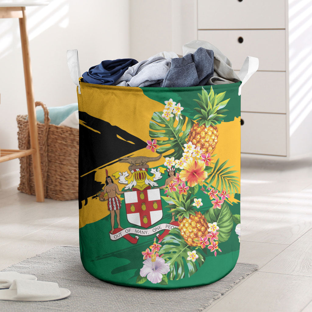 Jamaica Pineapple Laundry Basket Coat of Arms Tropical Flowers
