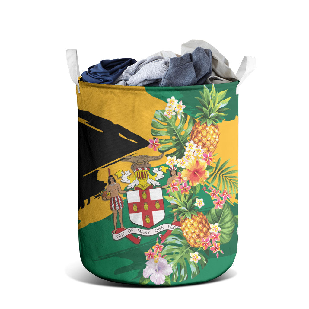 Jamaica Pineapple Laundry Basket Coat of Arms Tropical Flowers