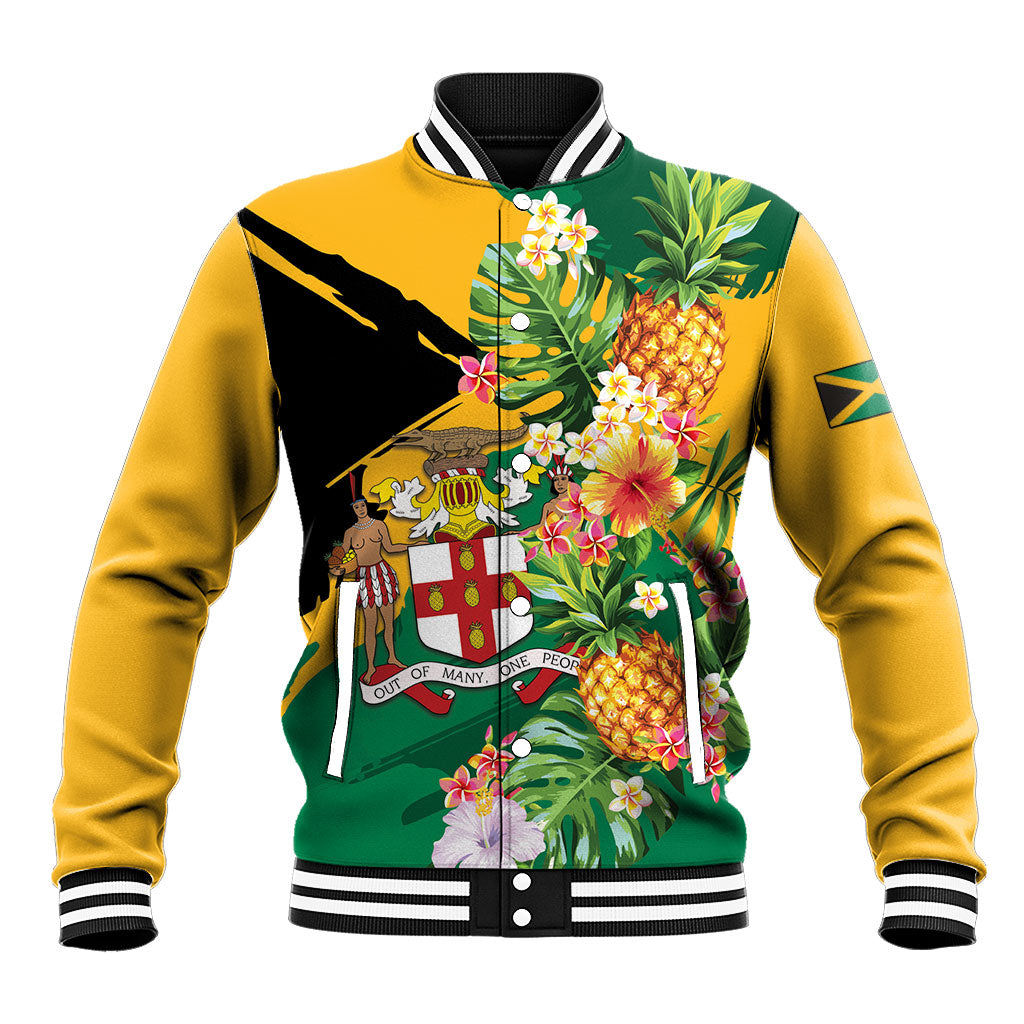 Personalized Jamaica Pineapple Baseball Jacket Coat of Arms Tropical Flowers