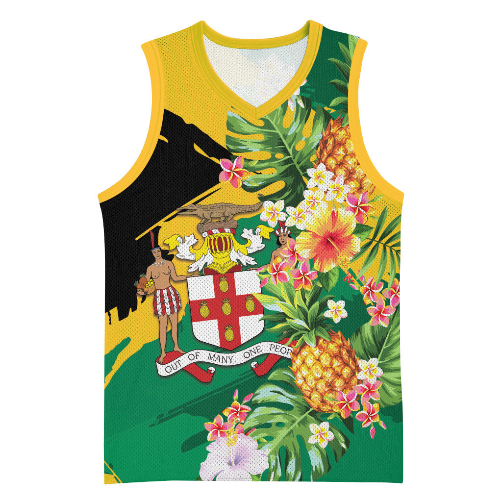 Personalized Jamaica Pineapple Basketball Jersey Coat of Arms Tropical Flowers