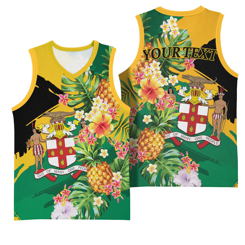 Personalized Jamaica Pineapple Basketball Jersey Coat of Arms Tropical Flowers
