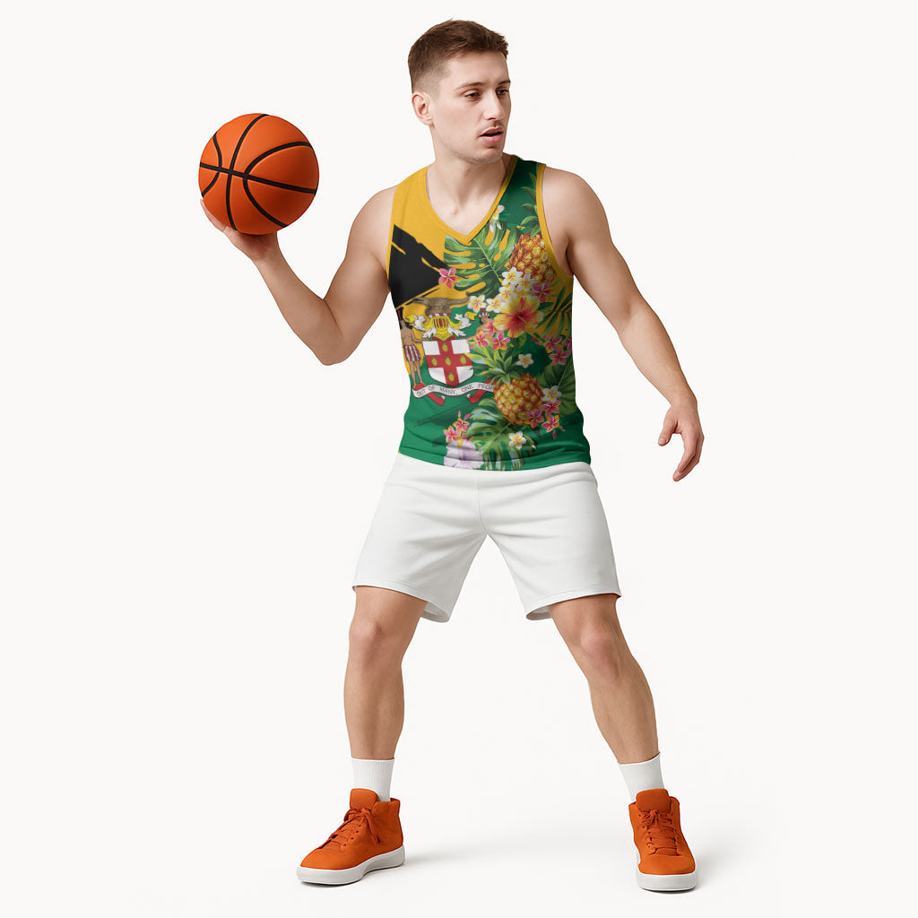 Personalized Jamaica Pineapple Basketball Jersey Coat of Arms Tropical Flowers