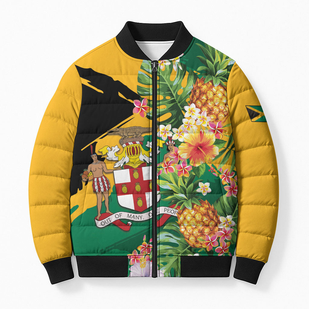 Personalized Jamaica Pineapple Bomber Puffer Jacket Coat of Arms Tropical Flowers