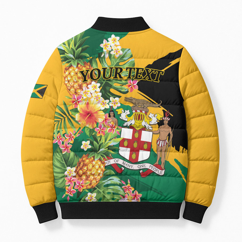 Personalized Jamaica Pineapple Bomber Puffer Jacket Coat of Arms Tropical Flowers