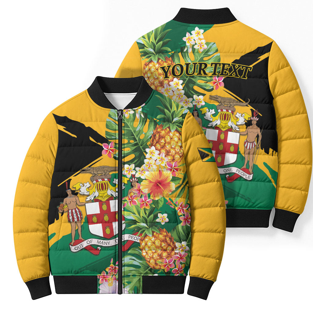Personalized Jamaica Pineapple Bomber Puffer Jacket Coat of Arms Tropical Flowers