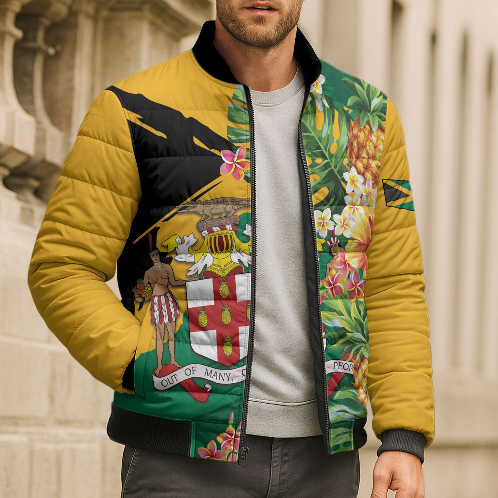 Personalized Jamaica Pineapple Bomber Puffer Jacket Coat of Arms Tropical Flowers