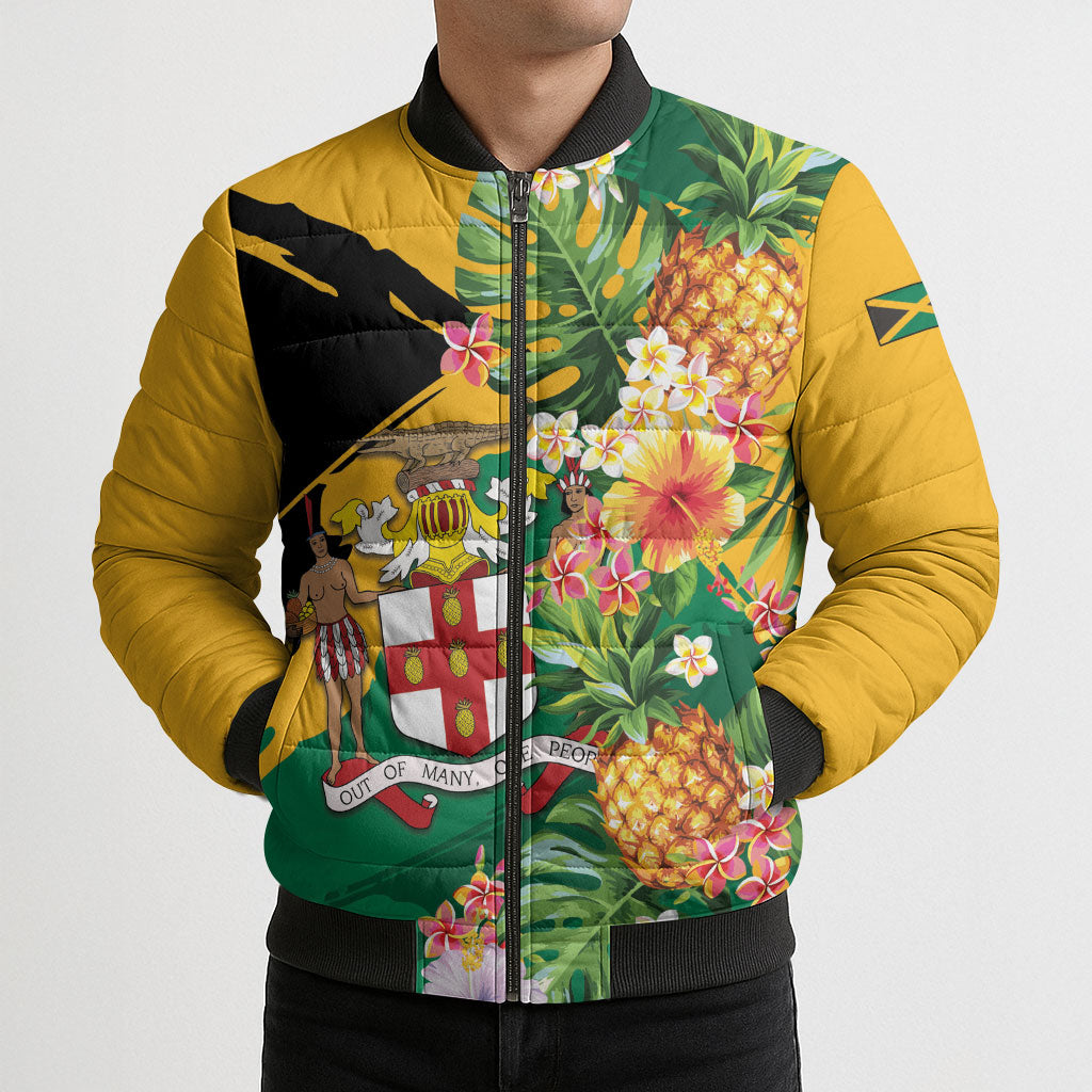 Personalized Jamaica Pineapple Bomber Puffer Jacket Coat of Arms Tropical Flowers