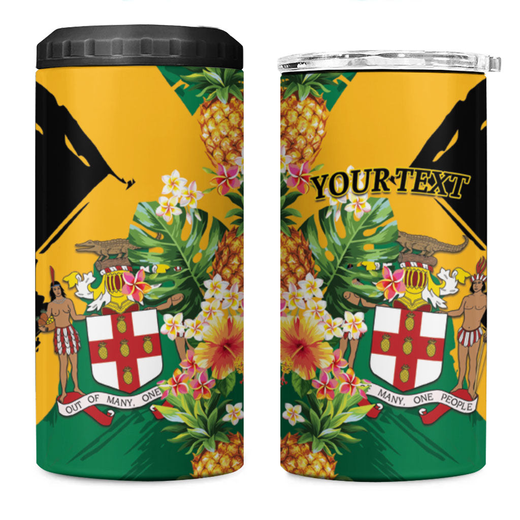 Personalized Jamaica Pineapple 4 in 1 Can Cooler Tumbler Coat of Arms Tropical Flowers