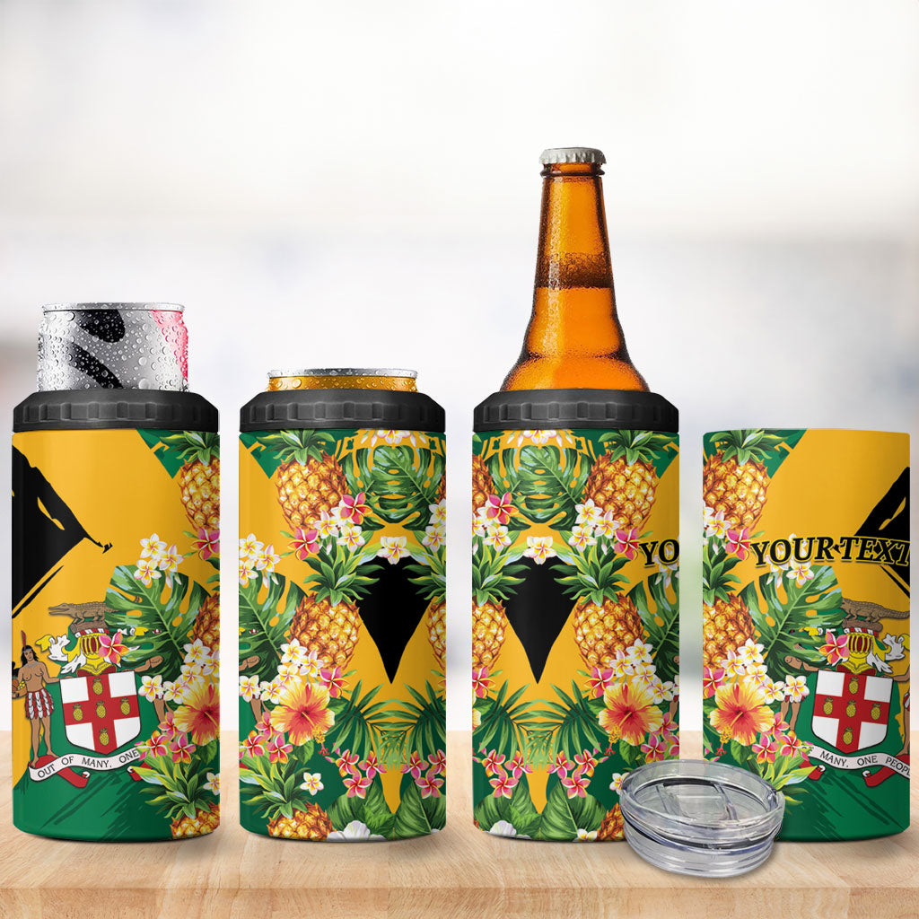 Personalized Jamaica Pineapple 4 in 1 Can Cooler Tumbler Coat of Arms Tropical Flowers