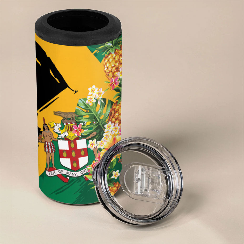 Personalized Jamaica Pineapple 4 in 1 Can Cooler Tumbler Coat of Arms Tropical Flowers