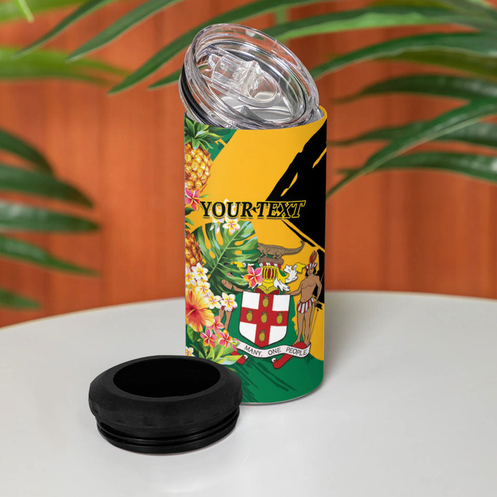 Personalized Jamaica Pineapple 4 in 1 Can Cooler Tumbler Coat of Arms Tropical Flowers