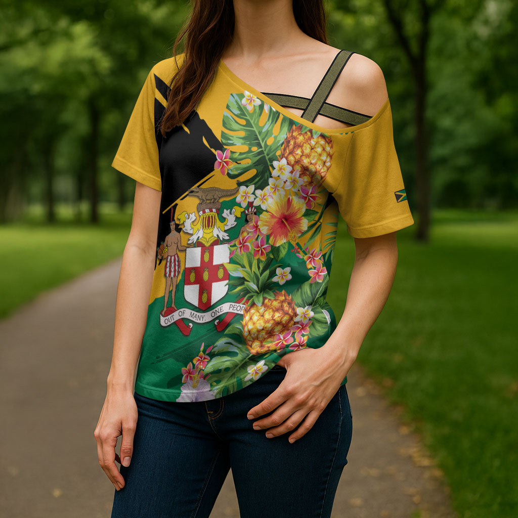 Personalized Jamaica Pineapple Cross Shoulder Shirt Coat of Arms Tropical Flowers