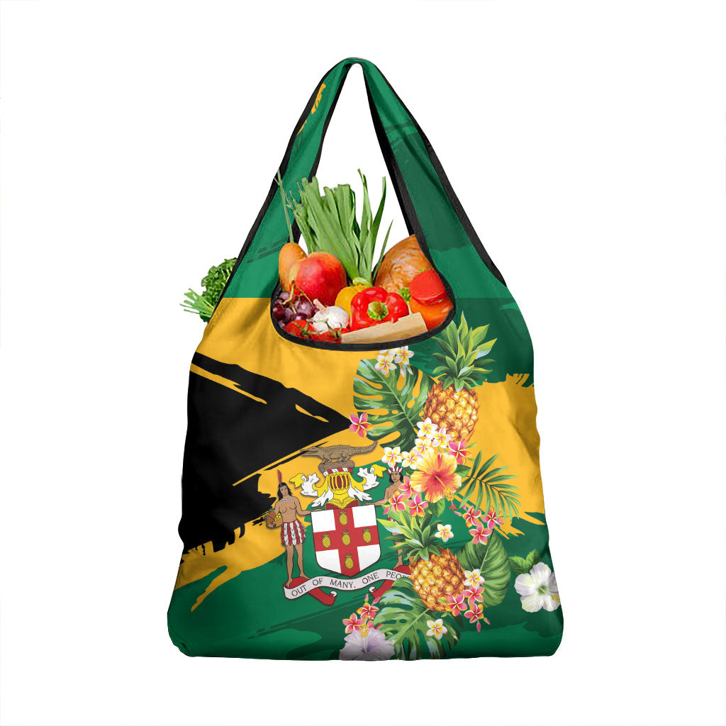 Jamaica Pineapple Grocery Bag Coat of Arms Tropical Flowers