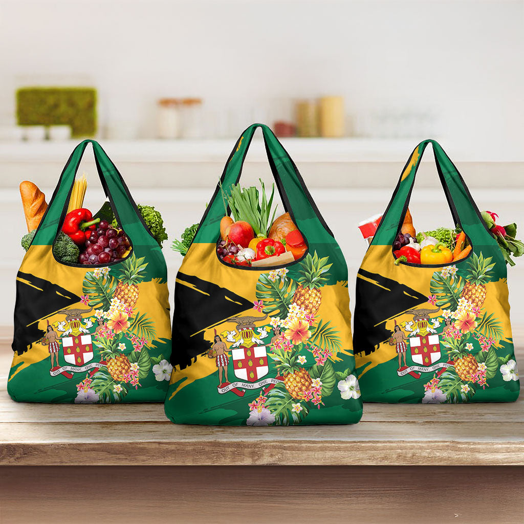 Jamaica Pineapple Grocery Bag Coat of Arms Tropical Flowers