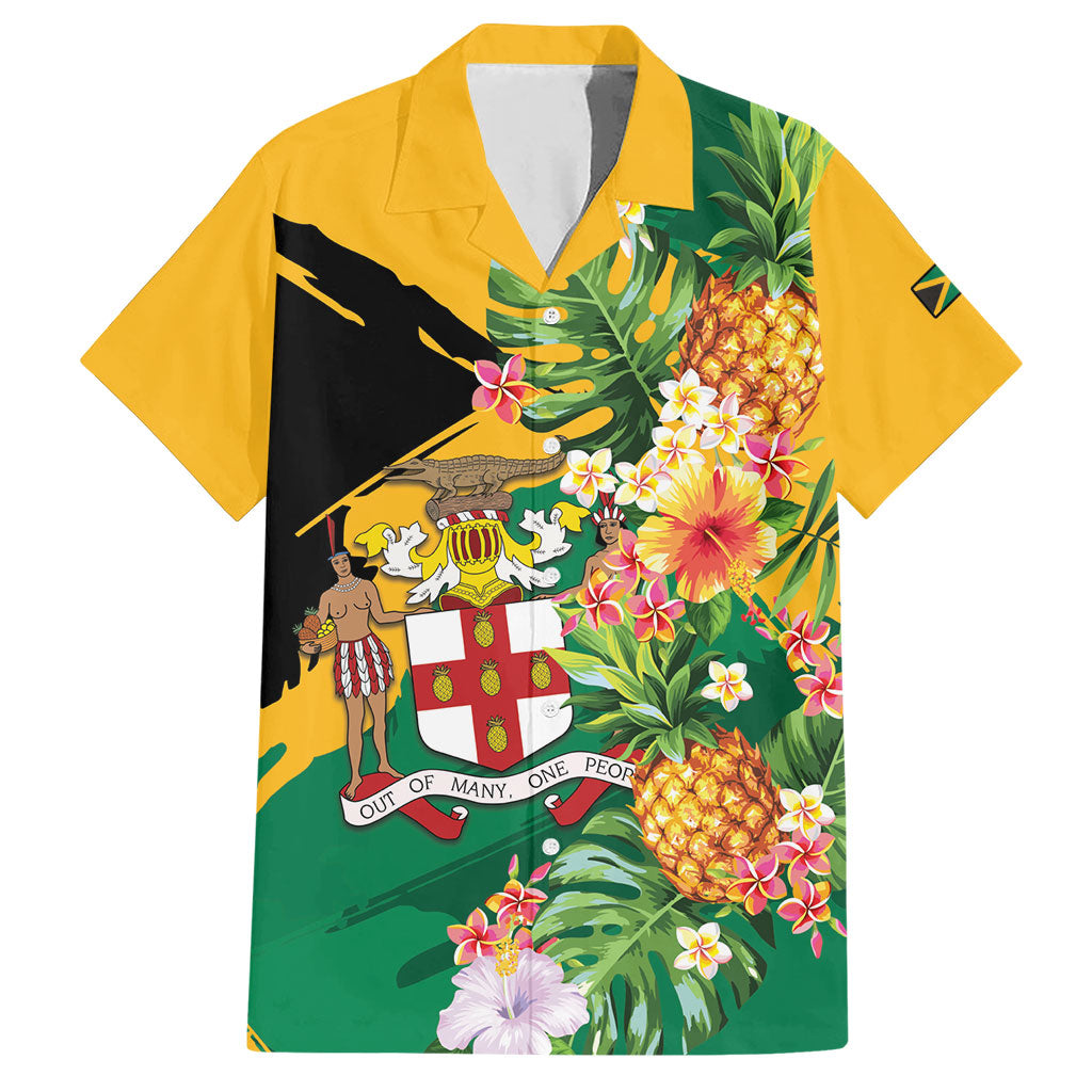 Personalized Jamaica Pineapple Hawaiian Shirt Coat of Arms Tropical Flowers