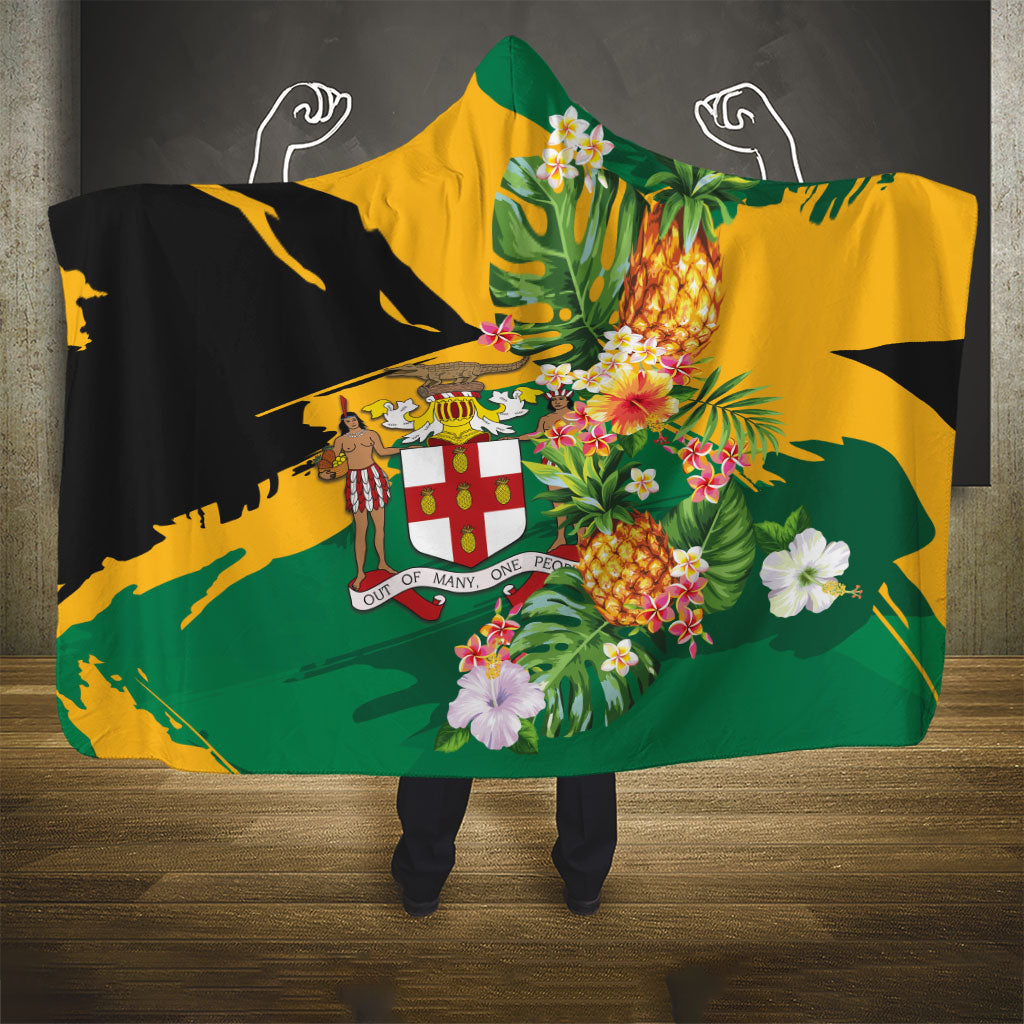 Jamaica Pineapple Hooded Blanket Coat of Arms Tropical Flowers
