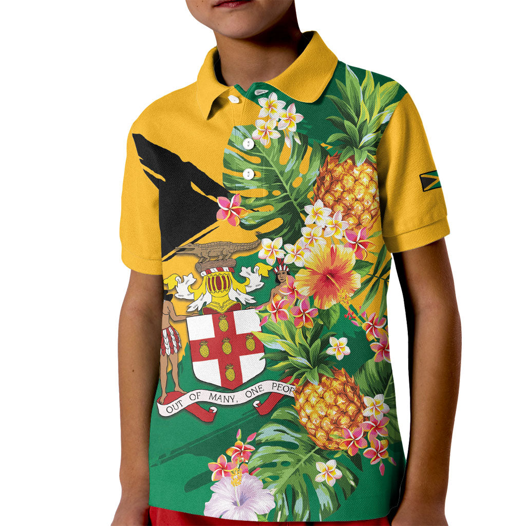 Personalized Jamaica Pineapple Kid Polo Shirt Coat of Arms Tropical Flowers