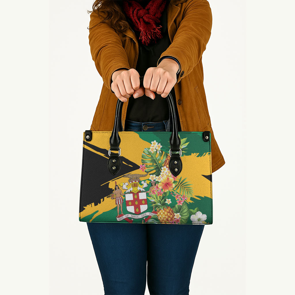 Jamaica Pineapple Leather Bag Coat of Arms Tropical Flowers