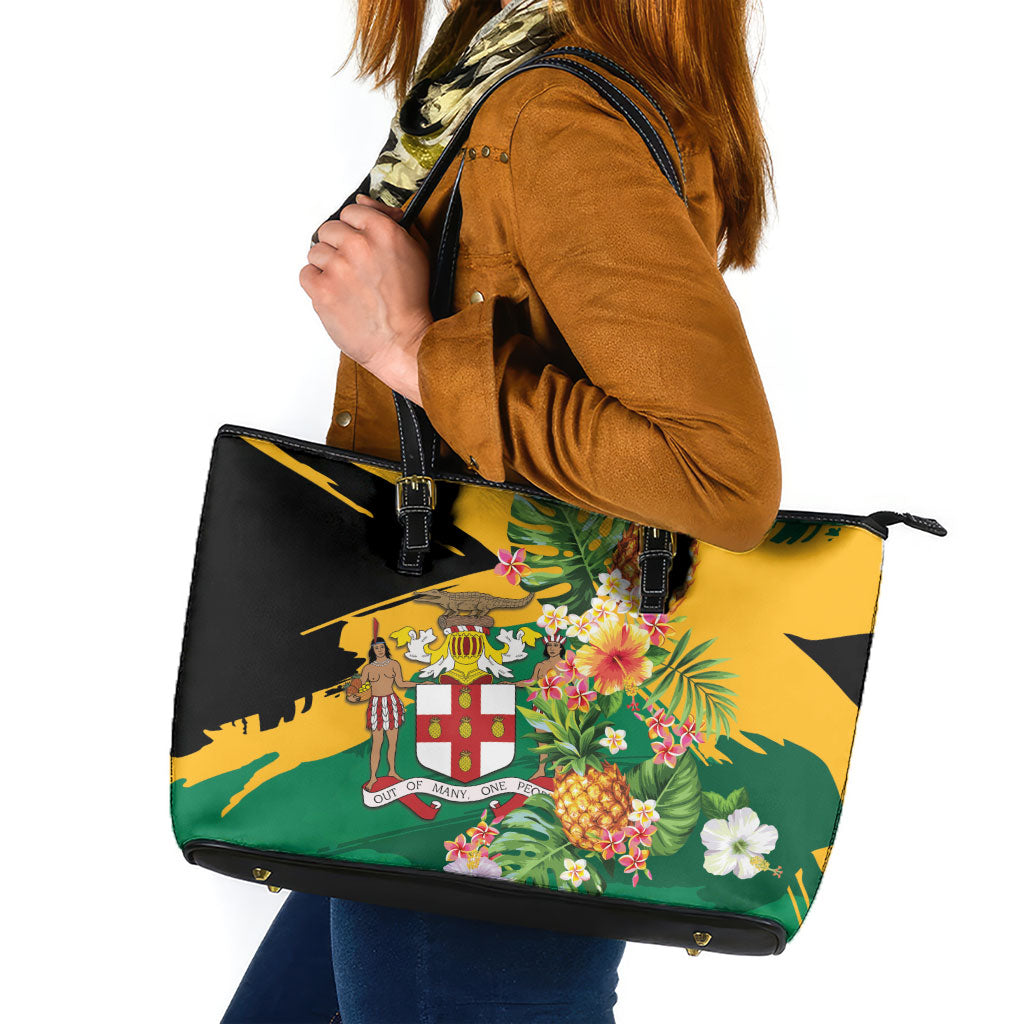 Jamaica Pineapple Leather Tote Bag Coat of Arms Tropical Flowers