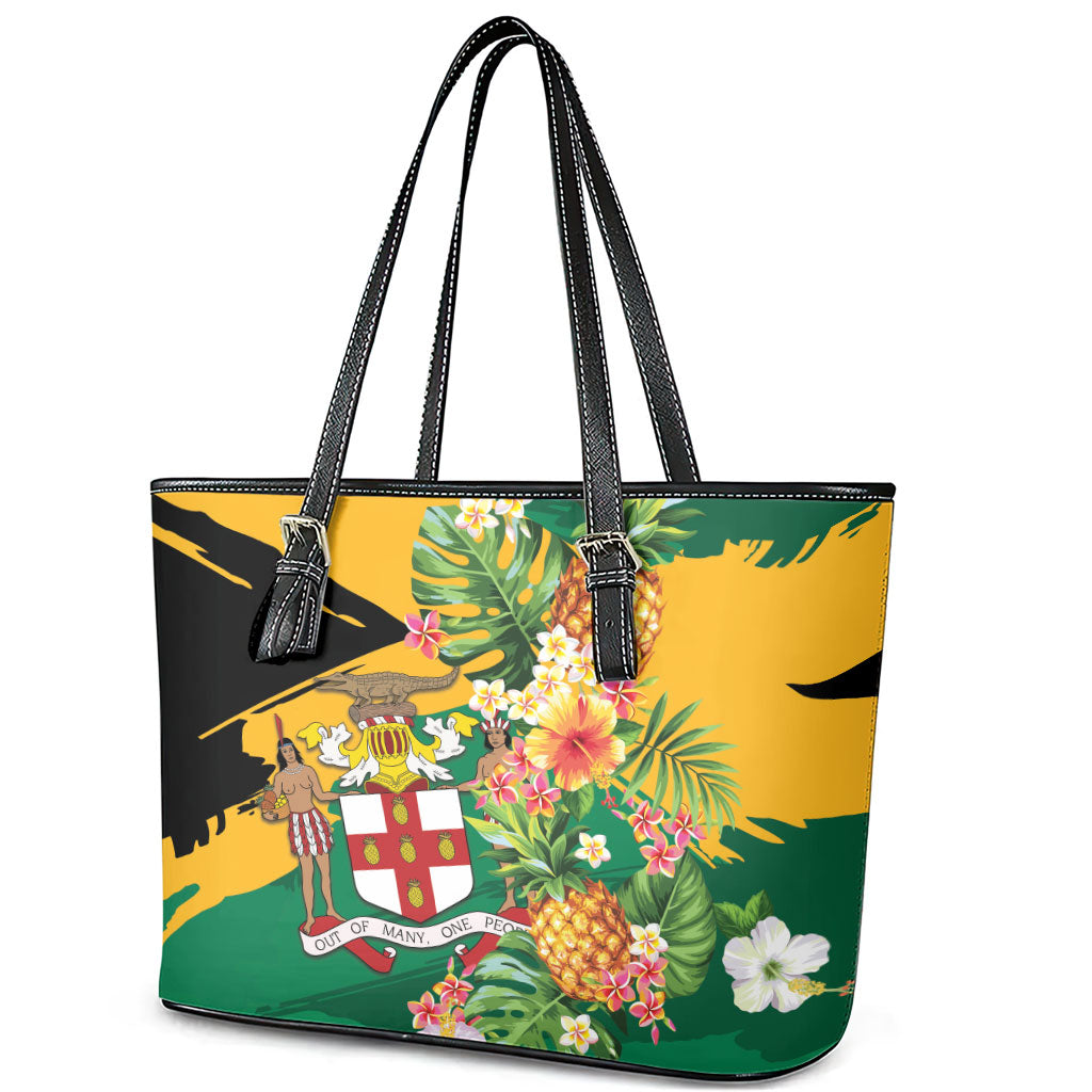 Jamaica Pineapple Leather Tote Bag Coat of Arms Tropical Flowers