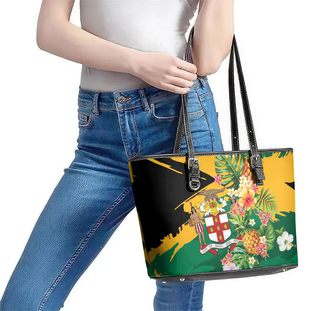 Jamaica Pineapple Leather Tote Bag Coat of Arms Tropical Flowers