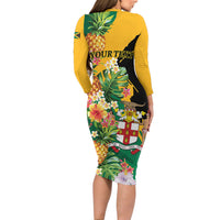 Personalized Jamaica Pineapple Long Sleeve Bodycon Dress Coat of Arms Tropical Flowers