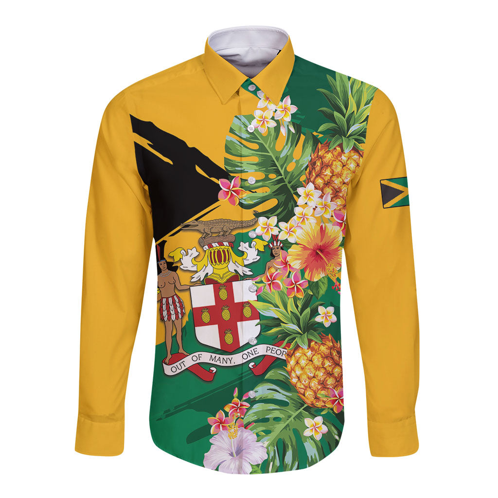 Personalized Jamaica Pineapple Long Sleeve Button Shirt Coat of Arms Tropical Flowers
