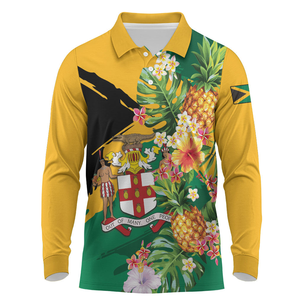 Personalized Jamaica Pineapple Long Sleeve Polo Shirt Coat of Arms Tropical Flowers
