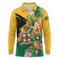Personalized Jamaica Pineapple Long Sleeve Polo Shirt Coat of Arms Tropical Flowers