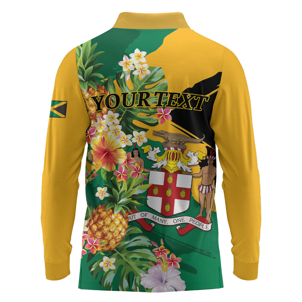 Personalized Jamaica Pineapple Long Sleeve Polo Shirt Coat of Arms Tropical Flowers