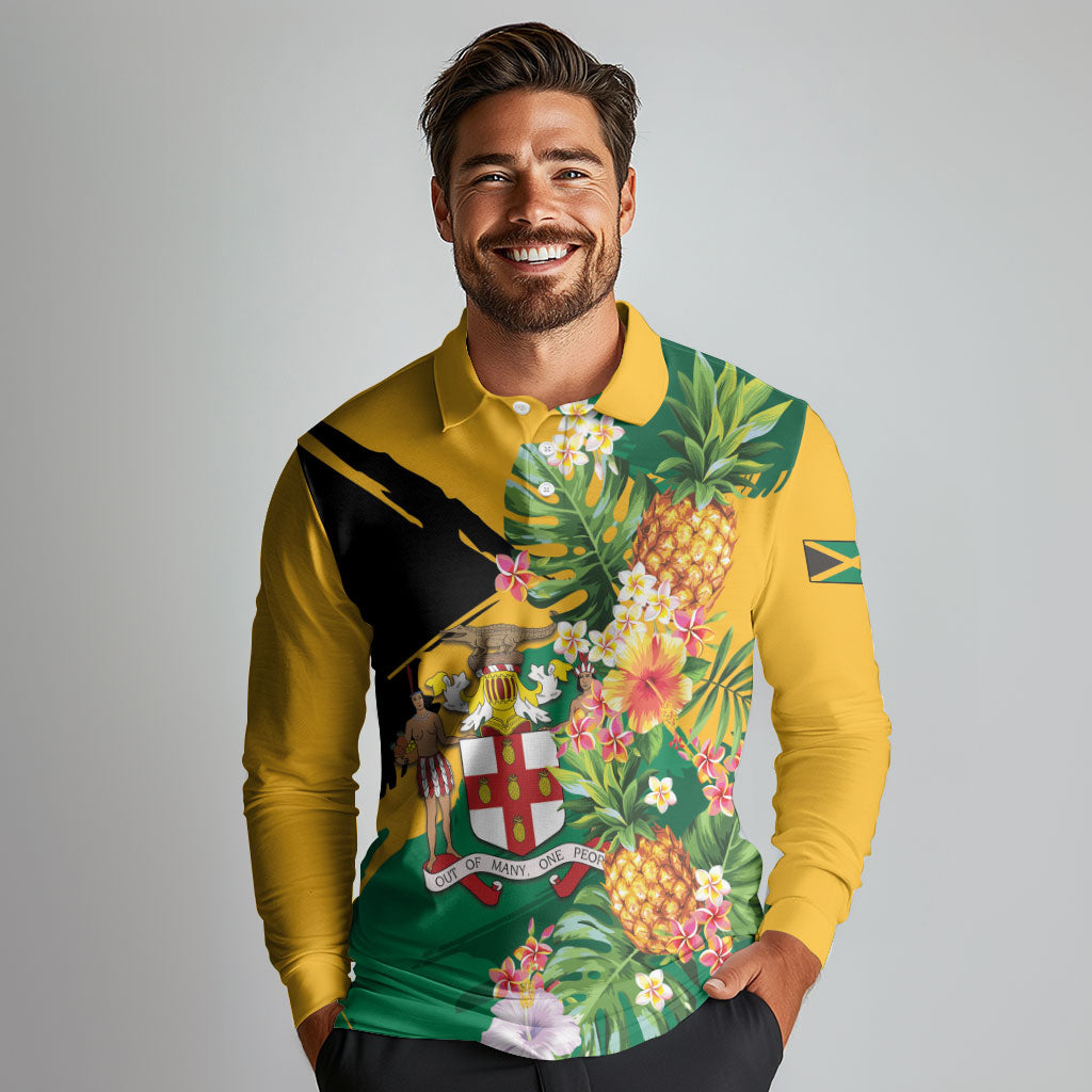Personalized Jamaica Pineapple Long Sleeve Polo Shirt Coat of Arms Tropical Flowers