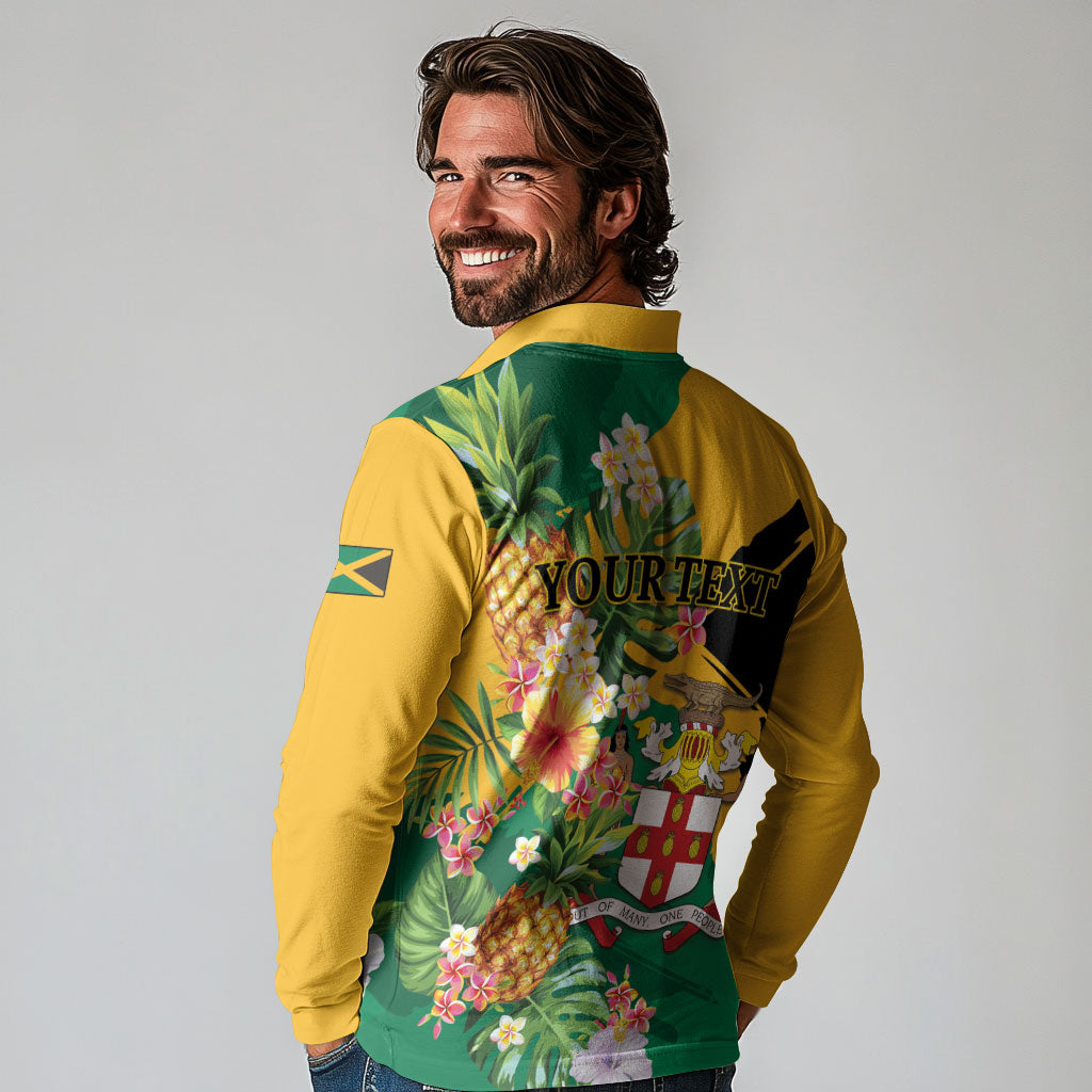 Personalized Jamaica Pineapple Long Sleeve Polo Shirt Coat of Arms Tropical Flowers