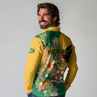 Personalized Jamaica Pineapple Long Sleeve Polo Shirt Coat of Arms Tropical Flowers