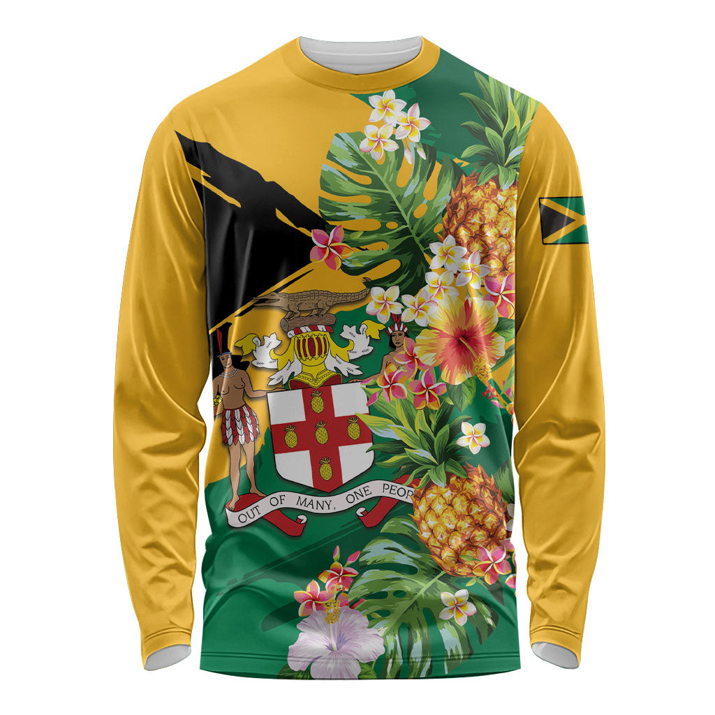 Personalized Jamaica Pineapple Long Sleeve Shirt Coat of Arms Tropical Flowers