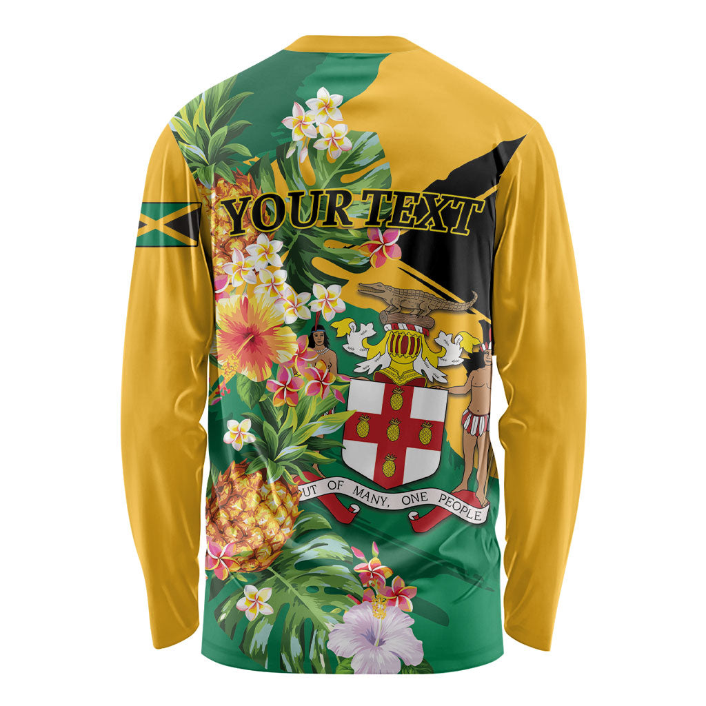 Personalized Jamaica Pineapple Long Sleeve Shirt Coat of Arms Tropical Flowers