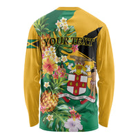 Personalized Jamaica Pineapple Long Sleeve Shirt Coat of Arms Tropical Flowers