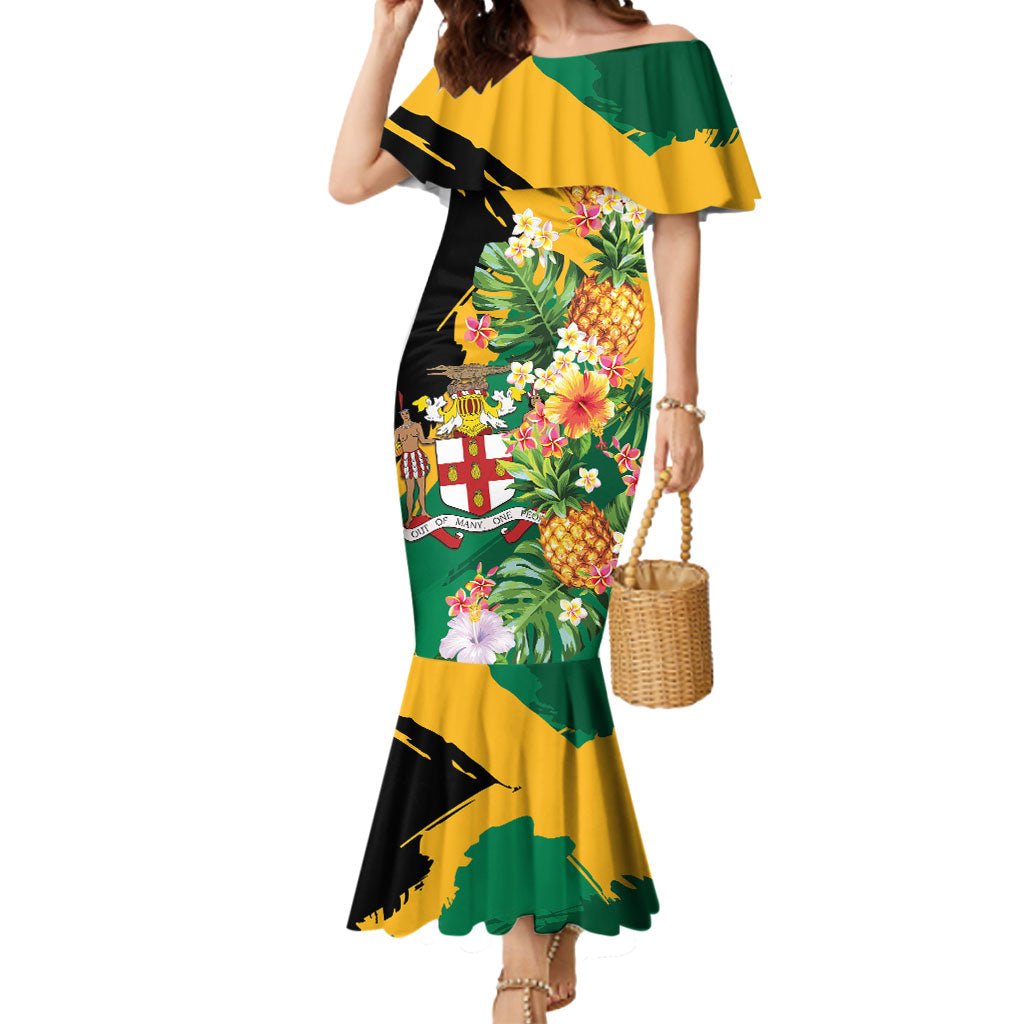 Personalized Jamaica Pineapple Mermaid Dress Coat of Arms Tropical Flowers