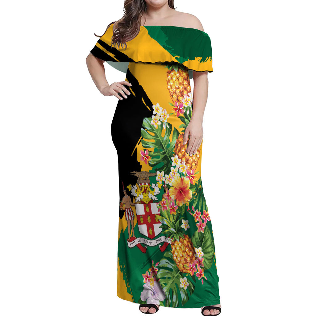Personalized Jamaica Pineapple Off Shoulder Maxi Dress Coat of Arms Tropical Flowers
