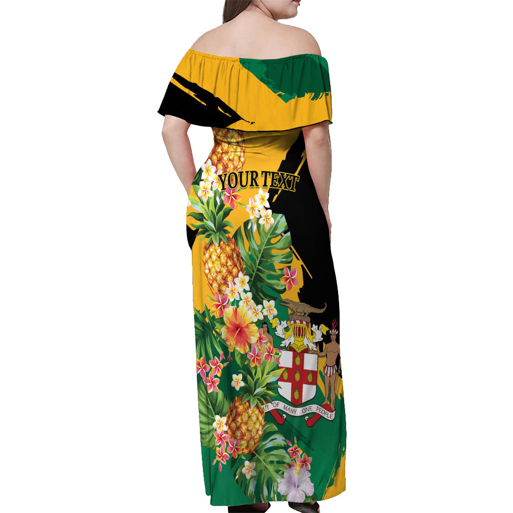 Personalized Jamaica Pineapple Off Shoulder Maxi Dress Coat of Arms Tropical Flowers