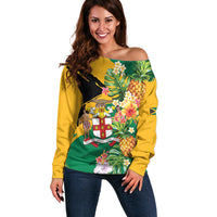 Personalized Jamaica Pineapple Off Shoulder Sweater Coat of Arms Tropical Flowers