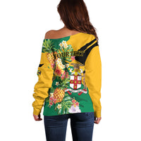 Personalized Jamaica Pineapple Off Shoulder Sweater Coat of Arms Tropical Flowers
