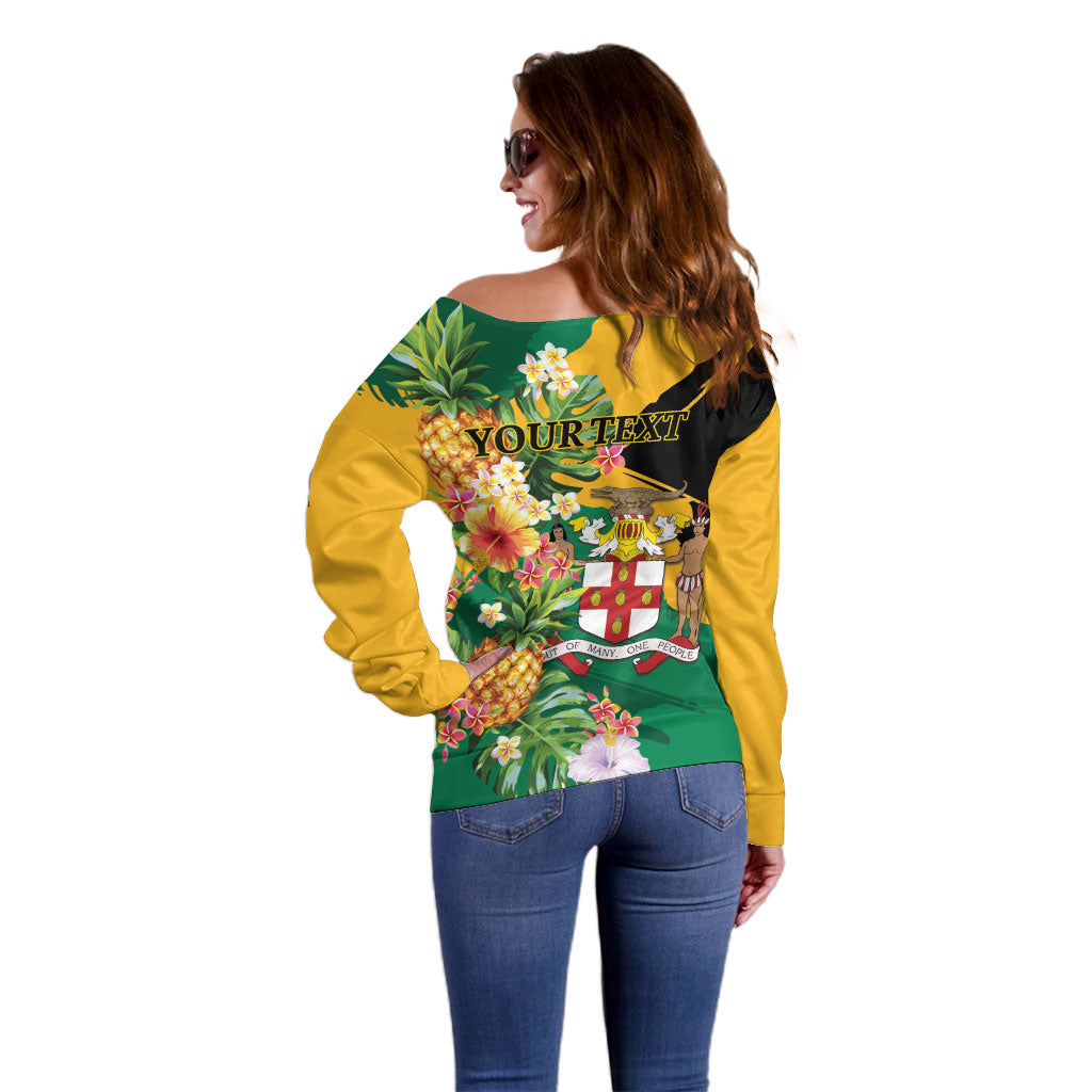 Personalized Jamaica Pineapple Off Shoulder Sweater Coat of Arms Tropical Flowers