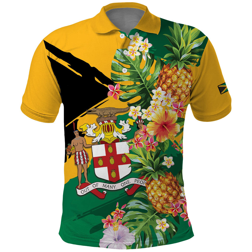 Personalized Jamaica Pineapple Polo Shirt Coat of Arms Tropical Flowers