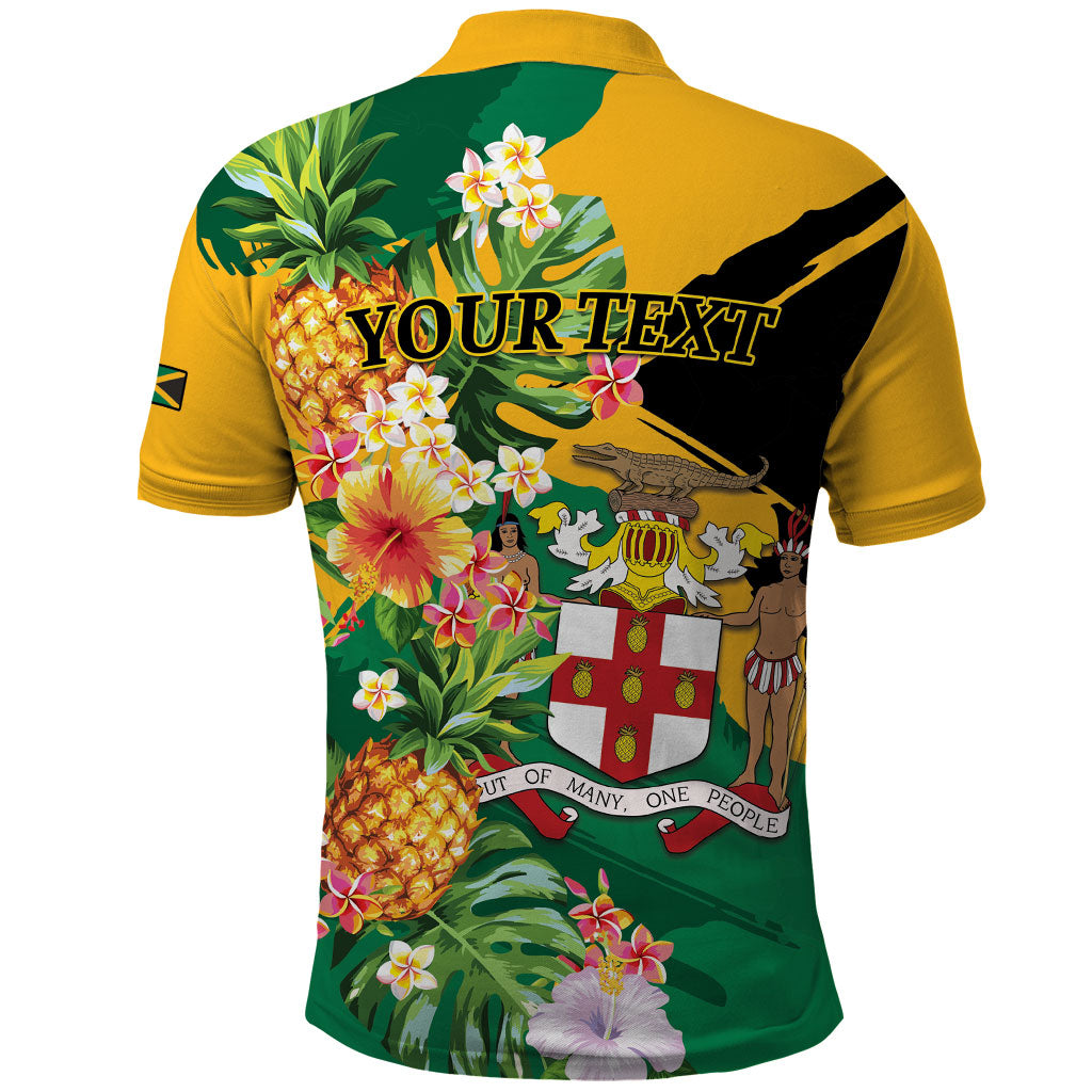 Personalized Jamaica Pineapple Polo Shirt Coat of Arms Tropical Flowers