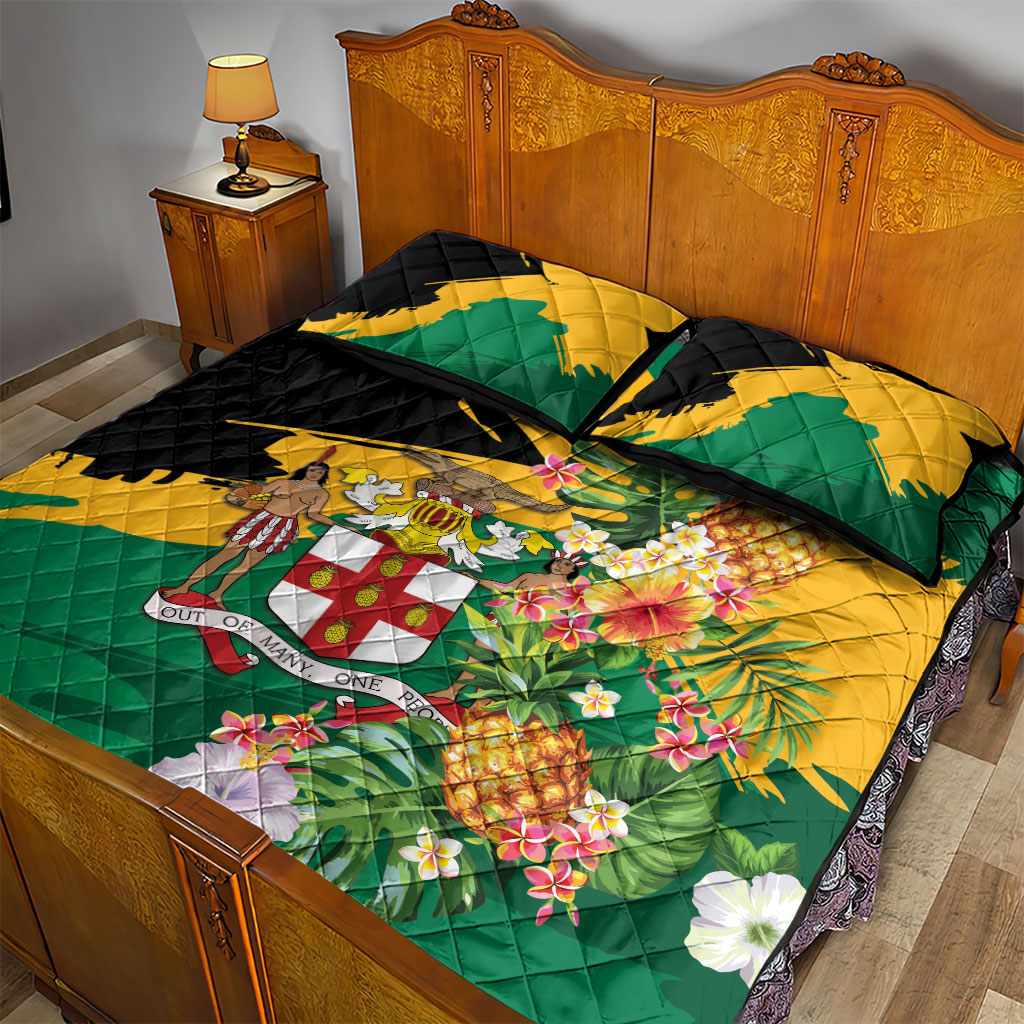 Jamaica Pineapple Quilt Bed Set Coat of Arms Tropical Flowers