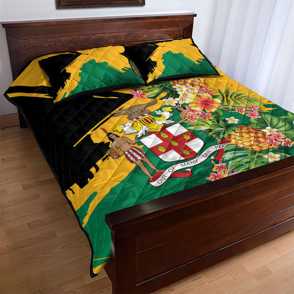 Jamaica Pineapple Quilt Bed Set Coat of Arms Tropical Flowers