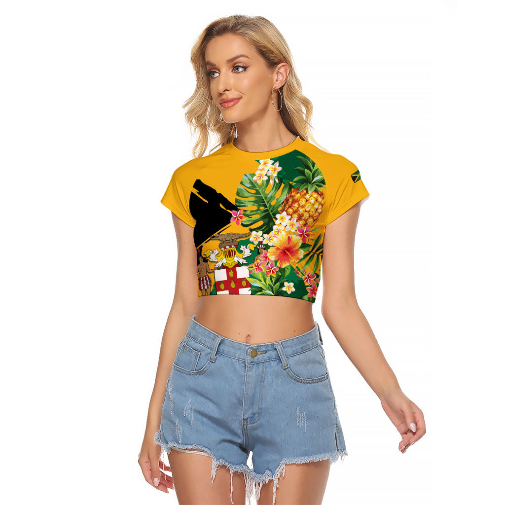 Personalized Jamaica Pineapple Raglan Cropped T Shirt Coat of Arms Tropical Flowers