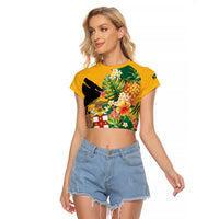Personalized Jamaica Pineapple Raglan Cropped T Shirt Coat of Arms Tropical Flowers