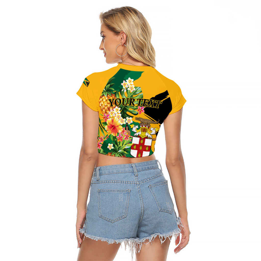 Personalized Jamaica Pineapple Raglan Cropped T Shirt Coat of Arms Tropical Flowers